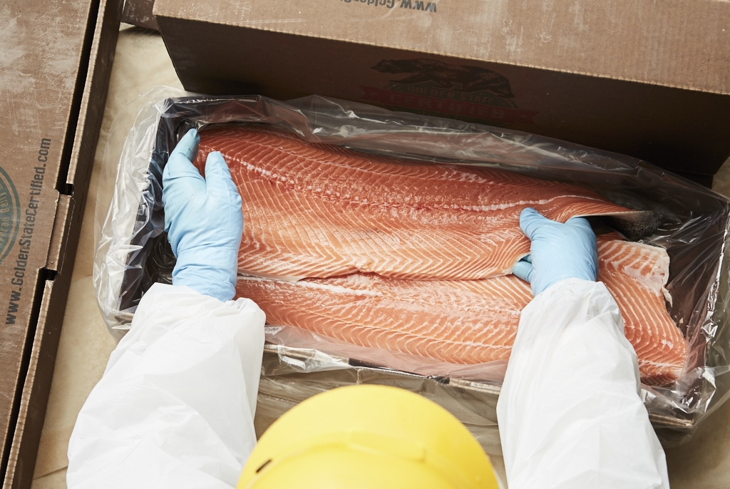 Golden State Seafood team handling fresh salmon fillets